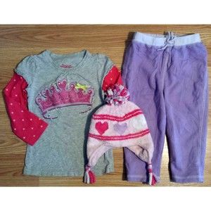 Girl's Size 18-24 M Months 2T 3 Piece Gray Glitter Crown Top, Purple Pants & Hat
